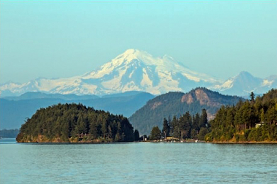 San Juan Islands lighthouse with Mount Baker in the background